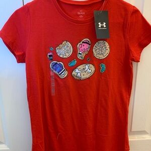 NWT Cute Girls Under Armour Red Holiday Tee Shirt YLG Cookies Snowflake Mittens